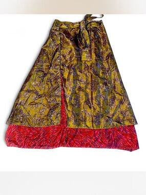 Advance Apparels green and hot pink floral print 100% silk wrap midi skirt nwt